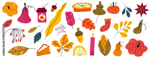 Thanksgiving autumn hygge set with pumpkin, leaf and coffee. Flat doodle elements for autumn thanksgiving design