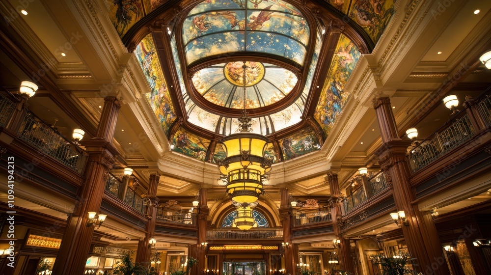 Obraz premium Elegant interior featuring a grand ceiling with artwork and ornate lighting fixtures.