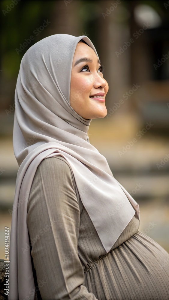 Joyful pregnant woman in hijab enjoying nature outdoors with hopeful smile Joyful pregnant woman in hijab enjoying nature outdoors with hopeful smile