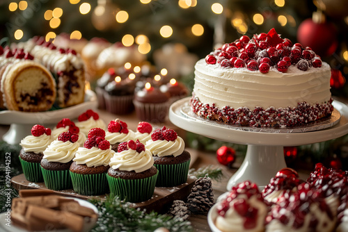 Festive Dessert Table with Christmas Cupcakes and a Yule Log Cake