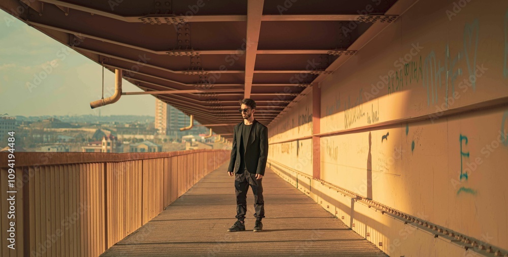 Stylish young man in sunglasses walks on a graffiti-covered bridge during golden hour Stylish young man in sunglasses walks on a graffiti-covered bridge during golden hour