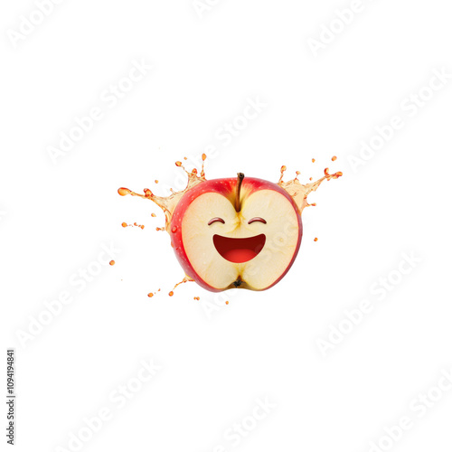 Smiling apple slice with juice splash on transparent background.