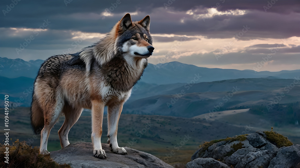 Fototapeta premium An image of a majestic Eurasian wolf standing tall on a rocky hilltop ai