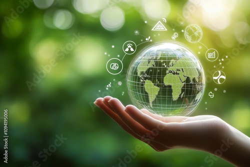 Eco-Friendly Globe with Sustainable Icons and Green Background for Global Communication and Environmental Technology