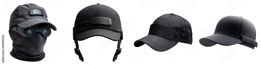 Fototapeta premium Anti tracking for technology concept. Various black hats and caps displayed.