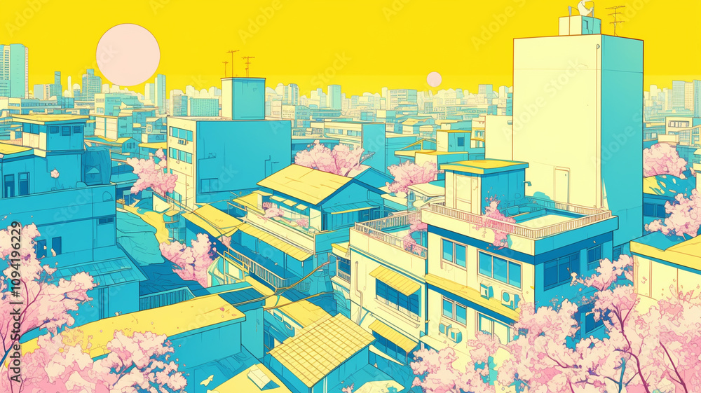 Fototapeta premium 桜の花が咲き誇る都会の風景,