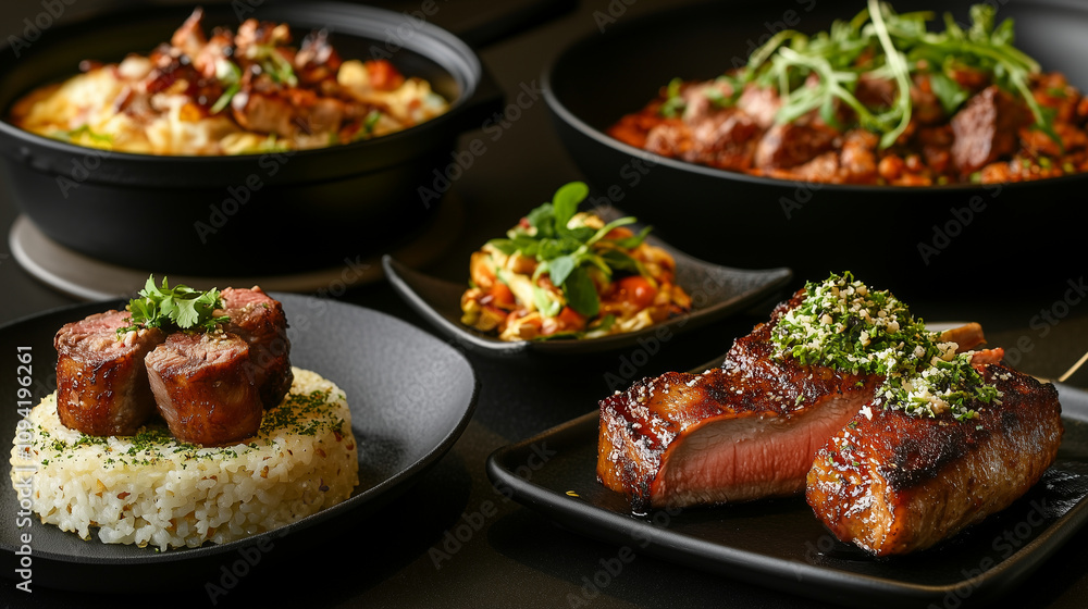 Gourmet Dishes in Elegant Restaurant Setting with Ambient Lighting Gourmet Dishes in Elegant Restaurant Setting with Ambient Lighting