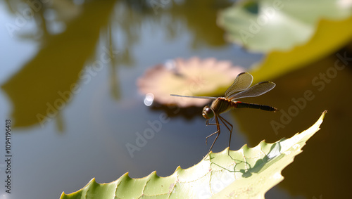 Serene dragonfly on a leaf by a calm pond photo