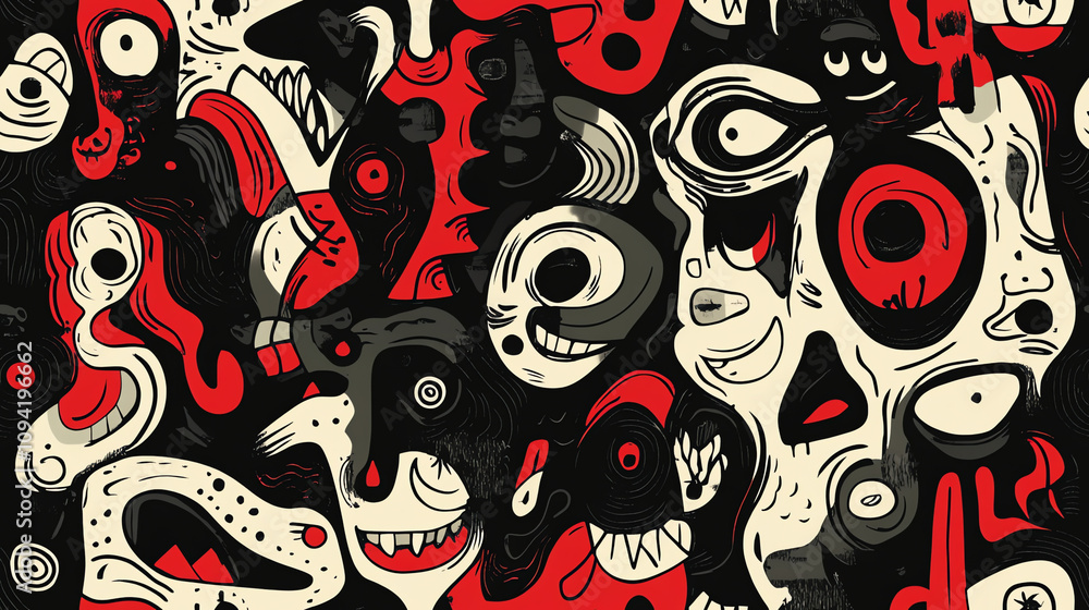 Fototapeta premium Dynamic abstract faces seamless pattern in red and black, artistic design