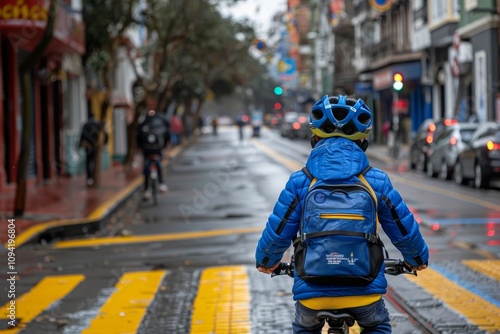 Young Boy Wearing Blue Helmet And Backpack, Riding His Bike In The City On His Way To School