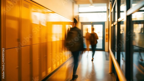 University Corridor Rush Blur – A fast-paced, blurred image of students rushing through a university hallway. 