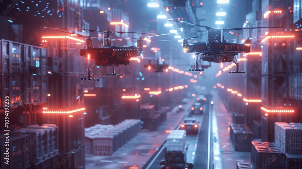 Futuristic Warehouse with Drones and Neon Lights Futuristic Warehouse with Drones and Neon Lights