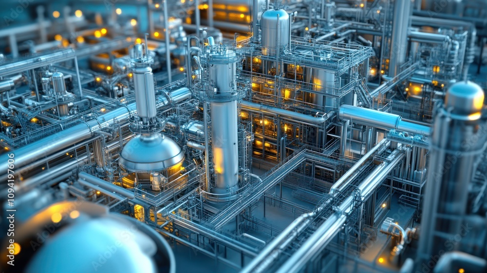 A detailed view of an industrial facility with pipes and machinery. A detailed view of an industrial facility with pipes and machinery.