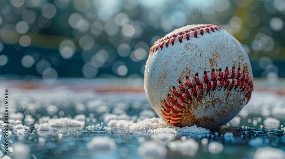 A baseball covered in frost on a blue background with bokeh. AI generative. . A baseball covered in frost on a blue background with bokeh. AI generative. .