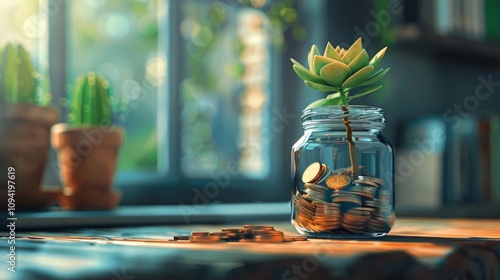 A plant grows out of a jar filled with coins. AI generative. .