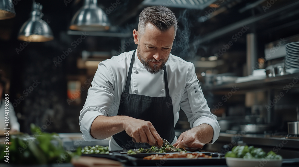 Chef Preparing Dish in Professional Kitchen Chef Preparing Dish in Professional Kitchen