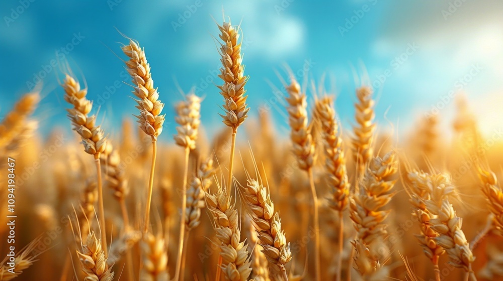 Close-up of golden wheat stalks against a blue sky. AI generative. . Close-up of golden wheat stalks against a blue sky. AI generative. .