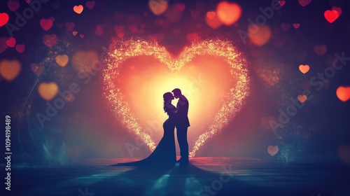 Romantic Silhouette of Couple Embracing Under Glowing Heart Shape with Soft Bokeh Background, Symbolizing Love and Connection in an Intimate Setting