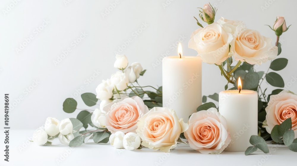 Serene Composition of Soft Pink and White Roses with White Candles Creating a Calming Atmosphere for Home Decor or Event Styling Serene Composition of Soft Pink and White Roses with White Candles Creating a Calming Atmosphere for Home Decor or Event Styling
