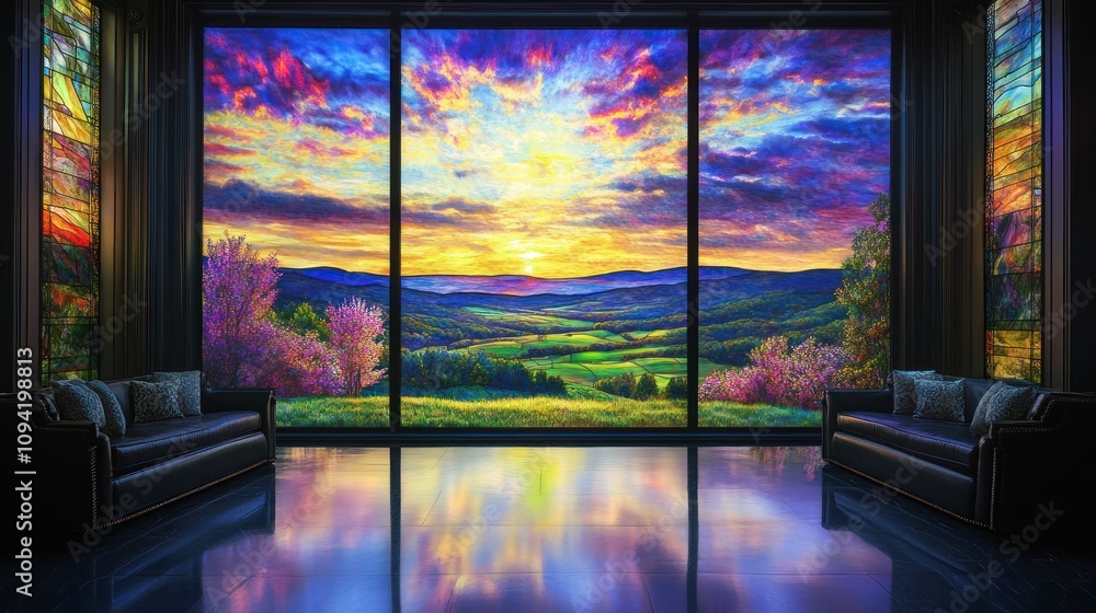 Fototapeta premium A vibrant sunset view through large windows, framed by colorful stained glass.