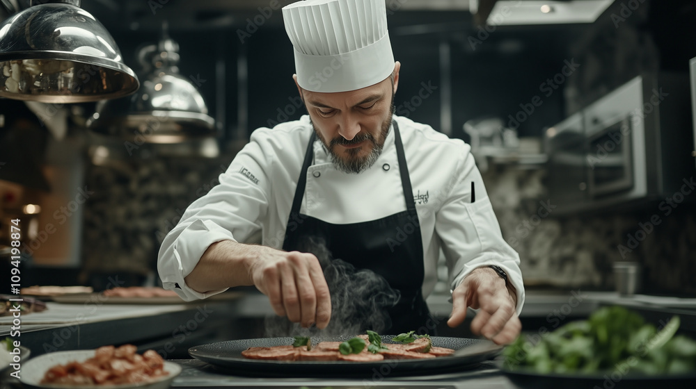 Chef Preparing Dish in Professional Kitchen Chef Preparing Dish in Professional Kitchen
