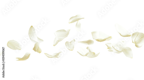 Delicate jasmine petals floating lightly in the air and isolated against a pure white background, highlighting their intricate details and serene charm