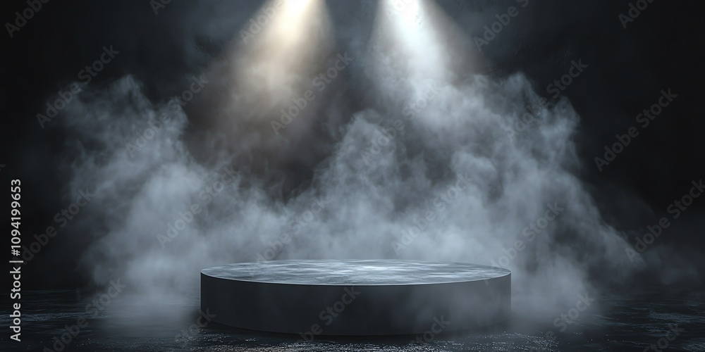 A round concrete podium on a dark background with fog and spotlights. A round concrete podium on a dark background with fog and spotlights.