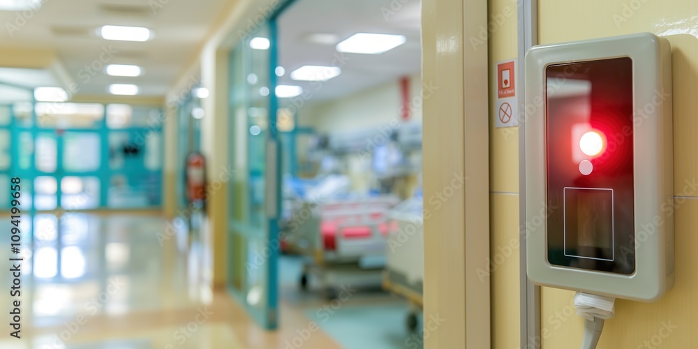 Emergency fire alarm system with red flashing light in a hospital setting. Medical, safety,medical equipment, news reports,insurance,fire drills, emergency rescue,life protection,safety awareness Emergency fire alarm system with red flashing light in a hospital setting. Medical, safety,medical equipment, news reports,insurance,fire drills, emergency rescue,life protection,safety awareness
