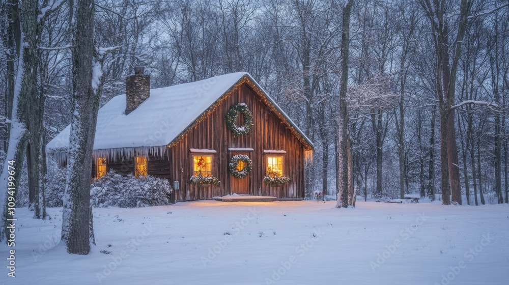 A rustic cabin surrounded by a snowy forest, with wreaths on the doors and soft warm light spilling from the windows on Christmas Eve A rustic cabin surrounded by a snowy forest, with wreaths on the doors and soft warm light spilling from the windows on Christmas Eve