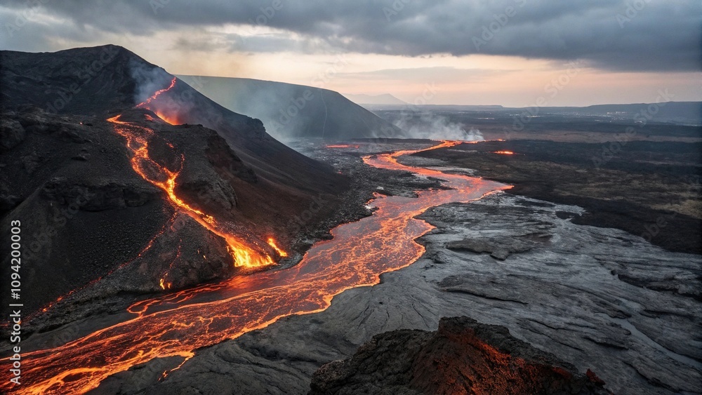 Fototapeta premium Lava flows through a rugged landscape, burning rock, volcanic ash, geological formation, volcano