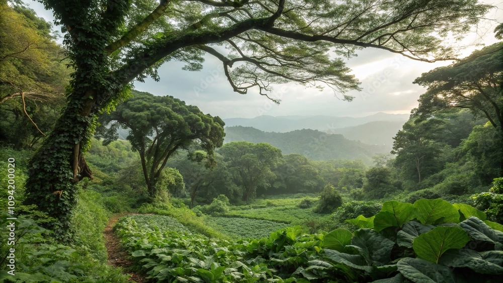 Obraz premium Leafy greens and trees intertwined in a natural setting, leafy greens, foliage, outdoors, nature, greenery