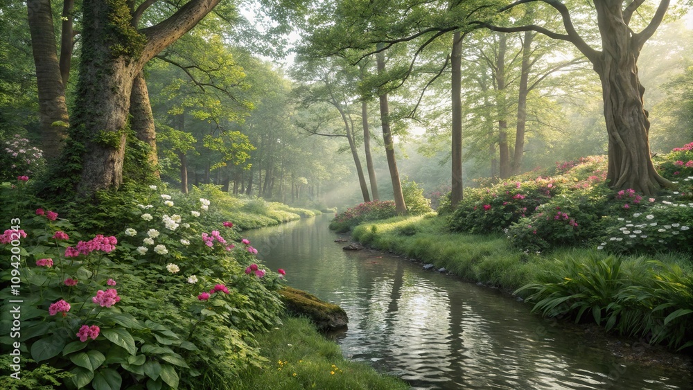 Lush green leaves and vibrant flowers line the banks of a tranquil forest stream, leafy branches, greens, water feature, wildflowers, forest foliage Lush green leaves and vibrant flowers line the banks of a tranquil forest stream, leafy branches, greens, water feature, wildflowers, forest foliage