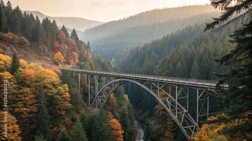 Metal beam bridge spanning a valley surrounded by dense forests of evergreen trees with autumn leaves, dramatic landscape, rocky terrain, mountain range, nature bridge, forest bridge Metal beam bridge spanning a valley surrounded by dense forests of evergreen trees with autumn leaves, dramatic landscape, rocky terrain, mountain range, nature bridge, forest bridge