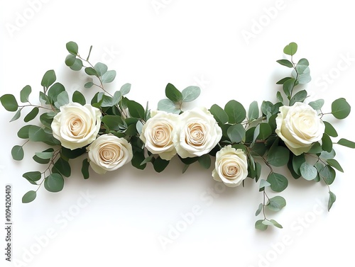 Fototapeta Naklejka Na Ścianę i Meble -  A row of five white roses with green eucalyptus leaves on a white background.
