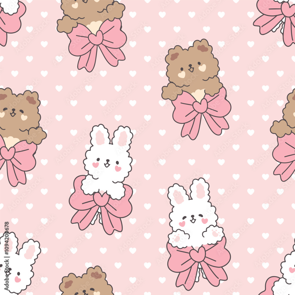 Cute bunny and bear with a bow on a pink background with hearts texture, kawaii animals valentines Cute bunny and bear with a bow on a pink background with hearts texture, kawaii animals valentines