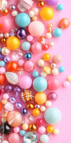 Colorful Assortment of Beads and Pearls on Pink Background