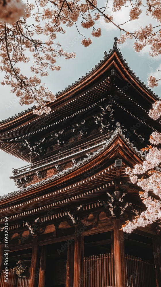 Fototapeta premium A traditional wooden structure surrounded by cherry blossoms, showcasing cultural architecture.