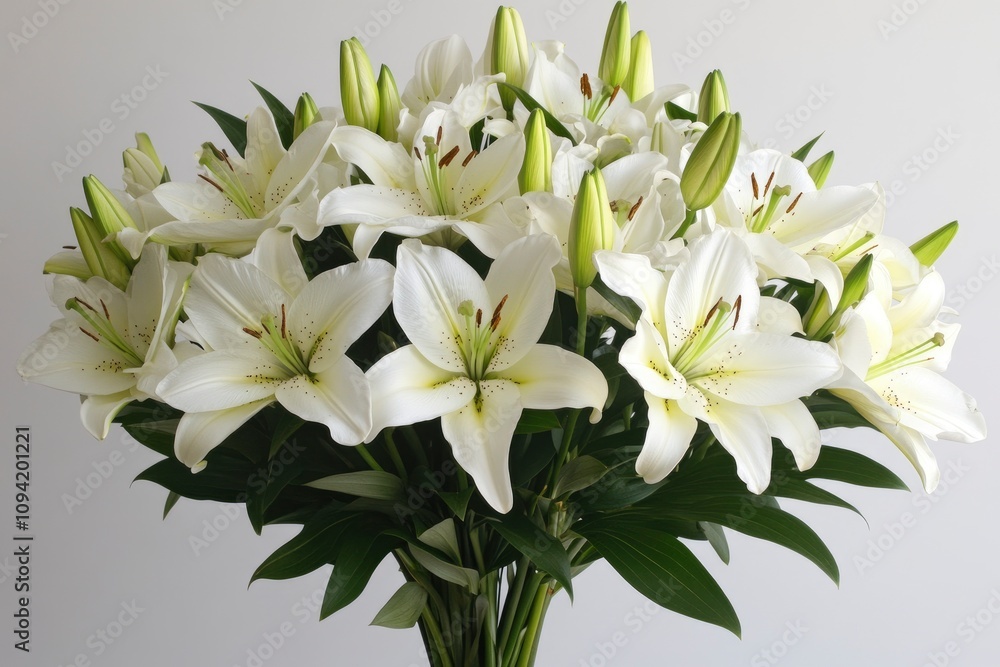 Fototapeta premium A bouquet of white lilies with green buds, symbolizing purity and elegance.