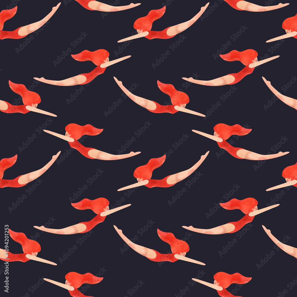 Fototapeta premium Red-haired woman in a red swimsuit swims. Seamless watercolor pattern, hand drawn. Vintage style. Black background