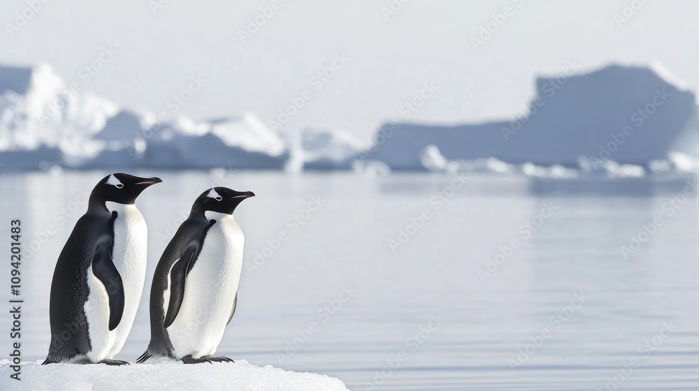 Fototapeta premium Two Penguins Standing on Iceberg with Arctic Landscape in the Background