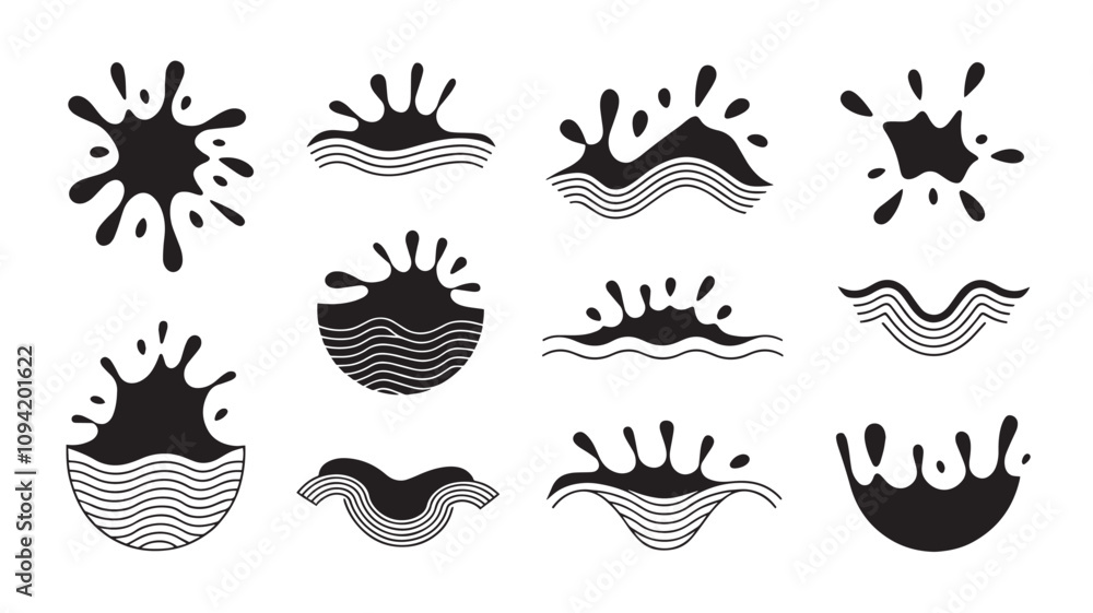 Naklejka premium Water drops. Splash water, vectorsilhouette. Black stencil.