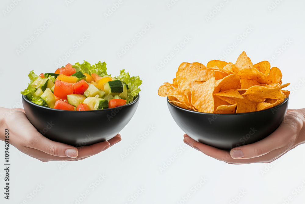 Two bowls, one with a salad and the other with chips. The salad bowl is filled with lettuce, tomatoes, and peppers Two bowls, one with a salad and the other with chips. The salad bowl is filled with lettuce, tomatoes, and peppers