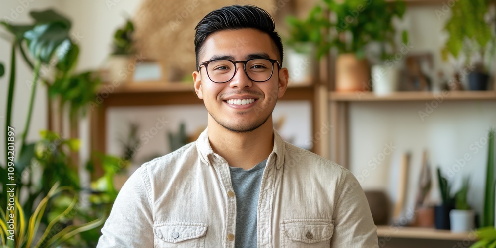 Fototapeta premium Smiling Young Man in a Cozy Indoor Plant-filled Space