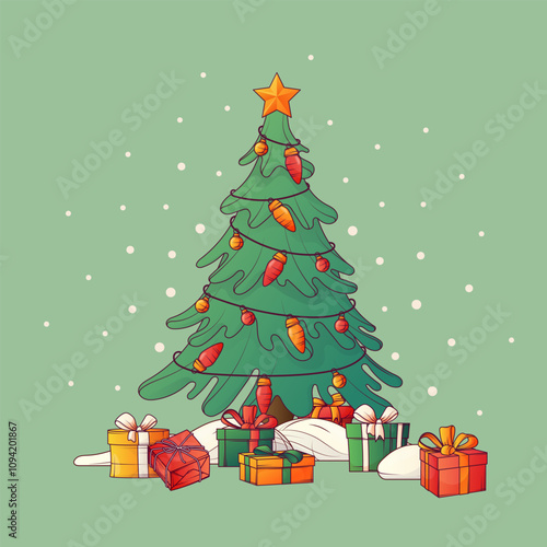 Composition of tree with colorful presents. Decorated Christmas tree with gift boxes, star, lights. Merry Christmas, New Year concept. For card design, poster decoration.