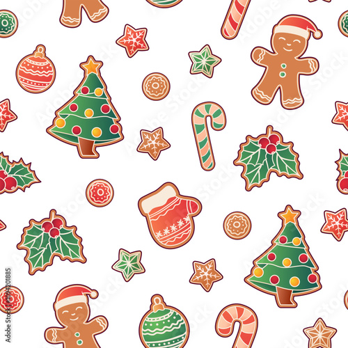 Christmas seamless pattern with holidays cookies. Vector illustration if ginger cookies of tree, decoration, mitten, candy, stars. Merry Christmas, New Year concept. 
