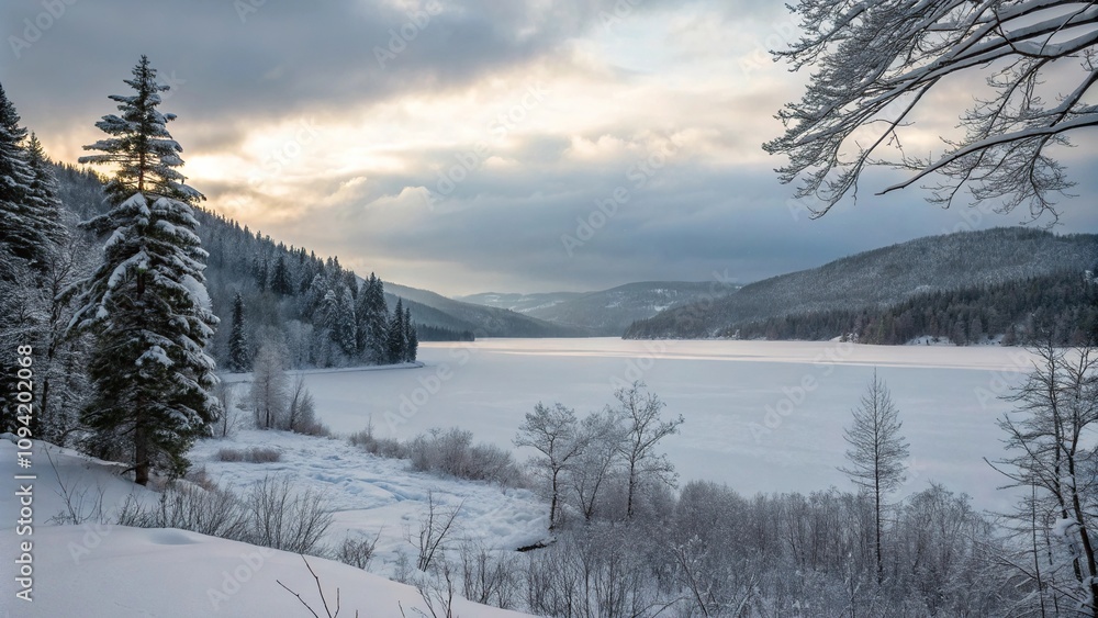 Panoramic view of a frozen lake surrounded by snow-covered hills and trees, frozen lakes, peaceful surroundings, snow-covered mountains, winter landscape Panoramic view of a frozen lake surrounded by snow-covered hills and trees, frozen lakes, peaceful surroundings, snow-covered mountains, winter landscape