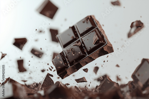  close up of chocolate pieces flying through the air. Concept of excitement and indulgence, as the chocolate is being broken apart and scattered in all directions photo