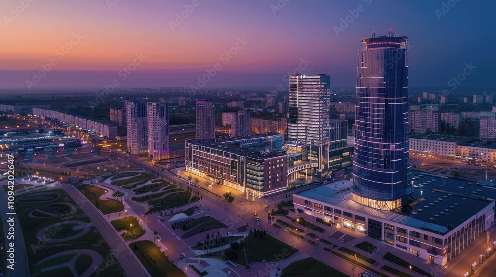 Obraz premium Modern Cityscape at Dusk with Skylines and Buildings