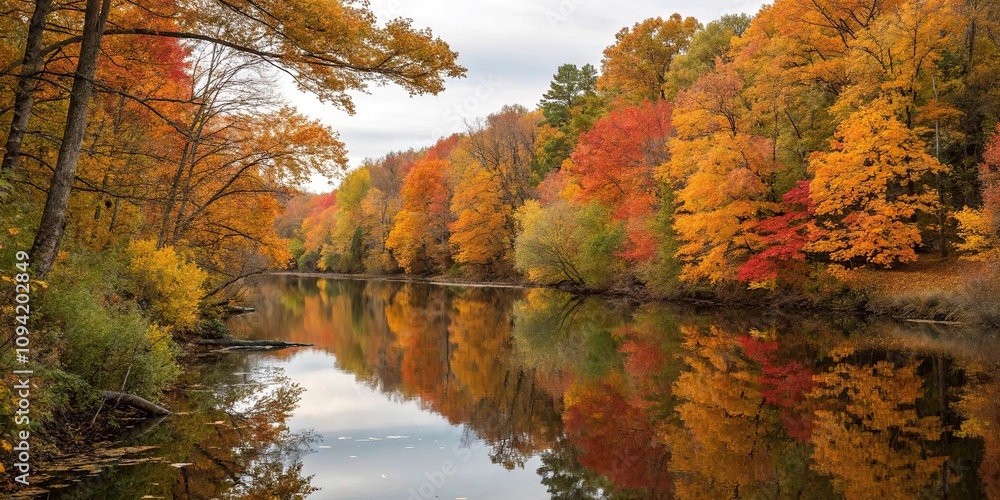 Reflections of orange and yellow leaves on calm autumn creek waters, natural beauty, reflective light, leaf reflection, peaceful atmosphere, water scene Reflections of orange and yellow leaves on calm autumn creek waters, natural beauty, reflective light, leaf reflection, peaceful atmosphere, water scene