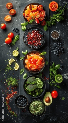 Colorful Healthy Food Arrangement on Black Background